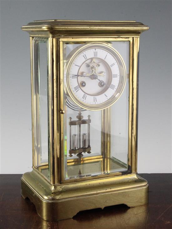 A late 19th century French four glass mantel clock, 14in.